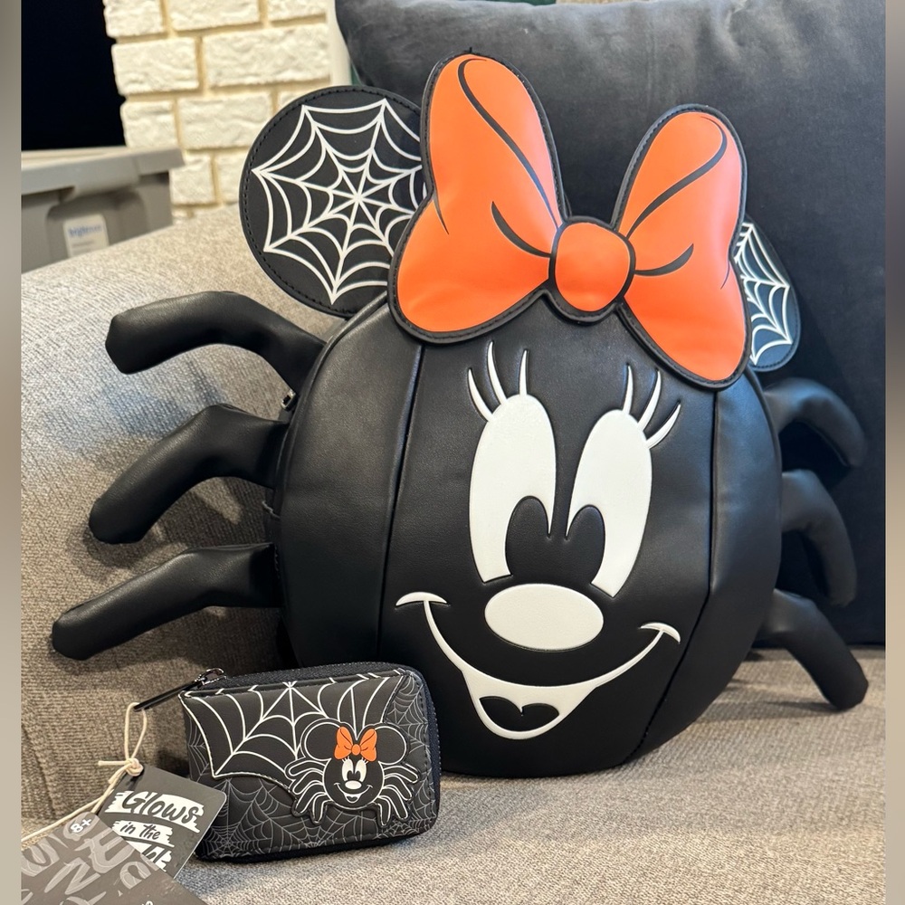Loungefly Minnie Spider Backpack and accordion wallet